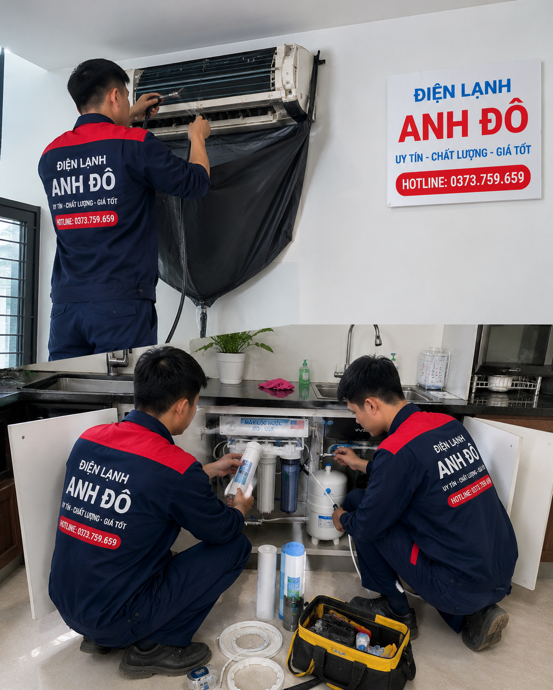 Kỹ thuật viên Điện Lạnh Anh Đô đang lắp đặt máy lạnh trên mái nhà
